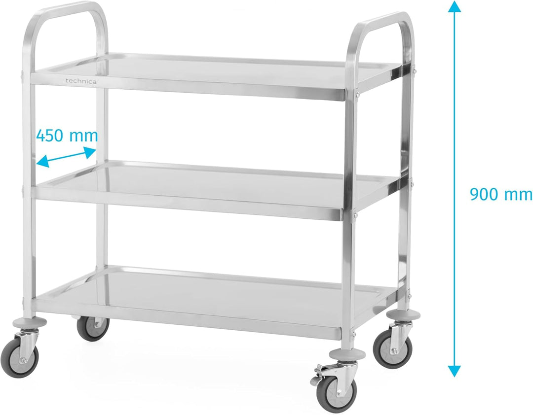 TECHNICA Servierwagen Edelstahl 3 Etagen mit Rollen & Bremse Quadratischer Griff 850x450x900mm Rollw