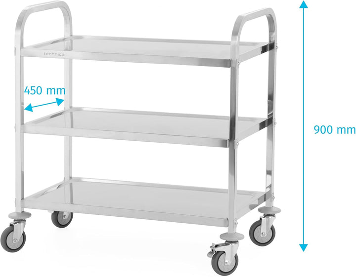 TECHNICA Servierwagen Edelstahl 3 Etagen mit Rollen & Bremse Quadratischer Griff 850x450x900mm Rollw