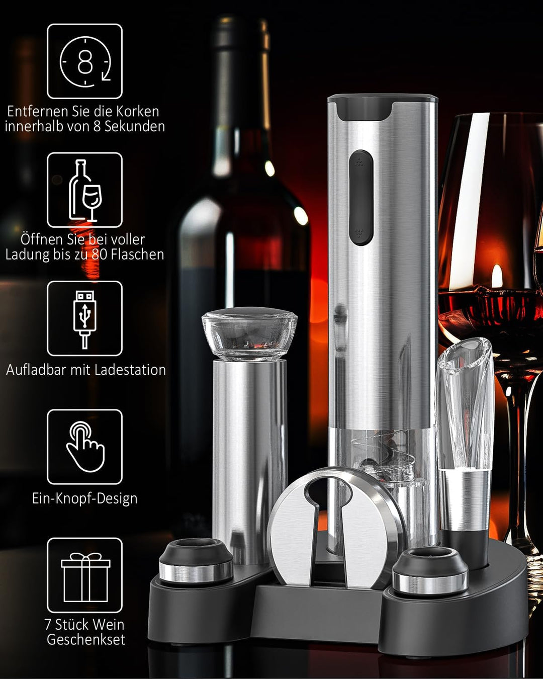 CIRCLE JOY Elektrischer Korkenzieher, wiederaufladbarer elektrischer Weinöffner, Wein-Geschenkset mi