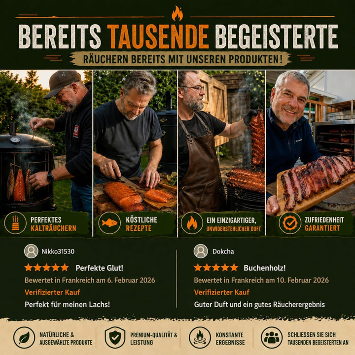 Kaltrauchgenerator/Räucherschnecke für Räucherofen + 1,2 kg Räuchermehl Buche + 4 Haken & Bürste – E