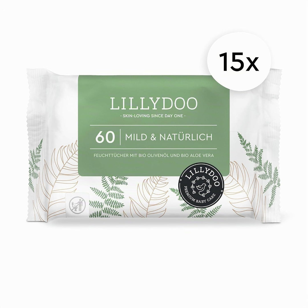 LILLYDOO green Feuchttücher, 900 Stück (15 x 60), 100% plastikfreies, reissfestes Tuch - ohne Parfüm