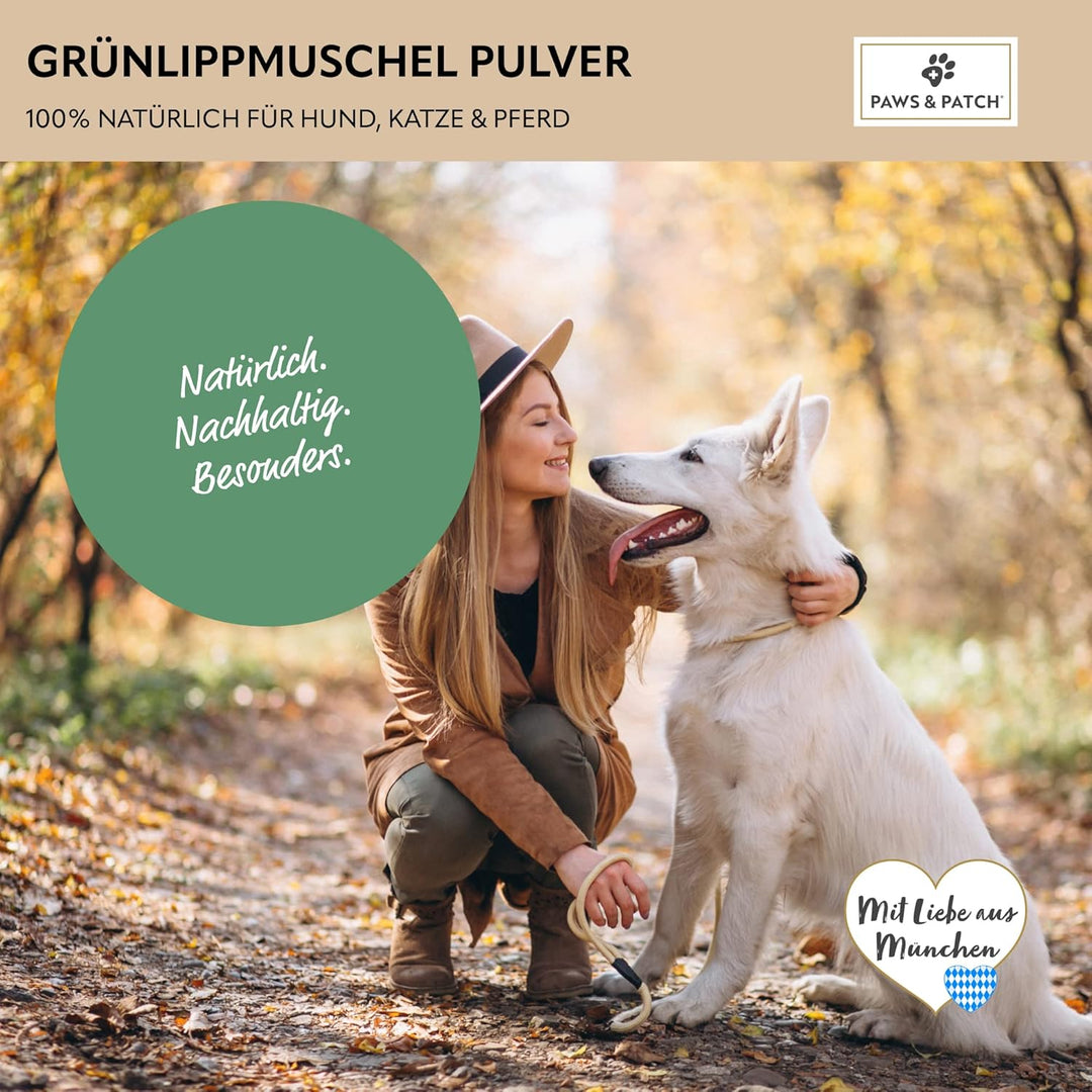 Paws&Patch reines GRÜNLIPPMUSCHEL Pulver für Hunde, Katzen & Pferde 150g plastikfrei I Vollfett-Qual
