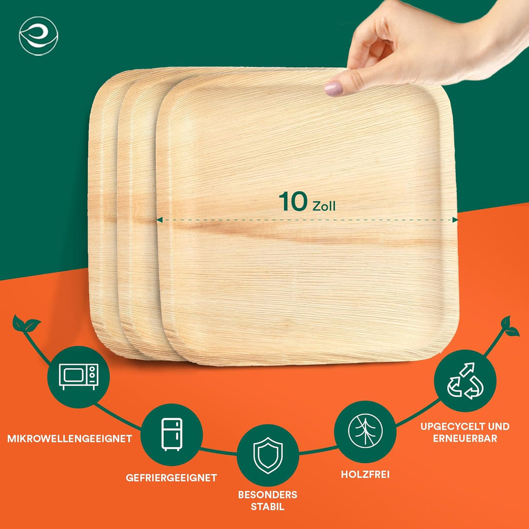 ECO SOUL quadratische Palmblatt Teller 25 Cm (10 Zoll) (100 Stück) | 100% kompostierbar & stabil | B