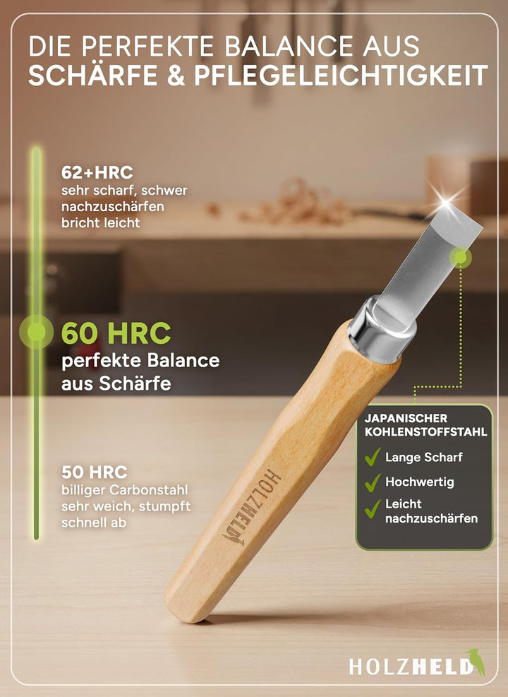 HOLZHELD Holzschnitzwerkzeug Set (14-teilig) mit Anleitung für 1 Schnitzprojekt - 12 Schnitzmesser a