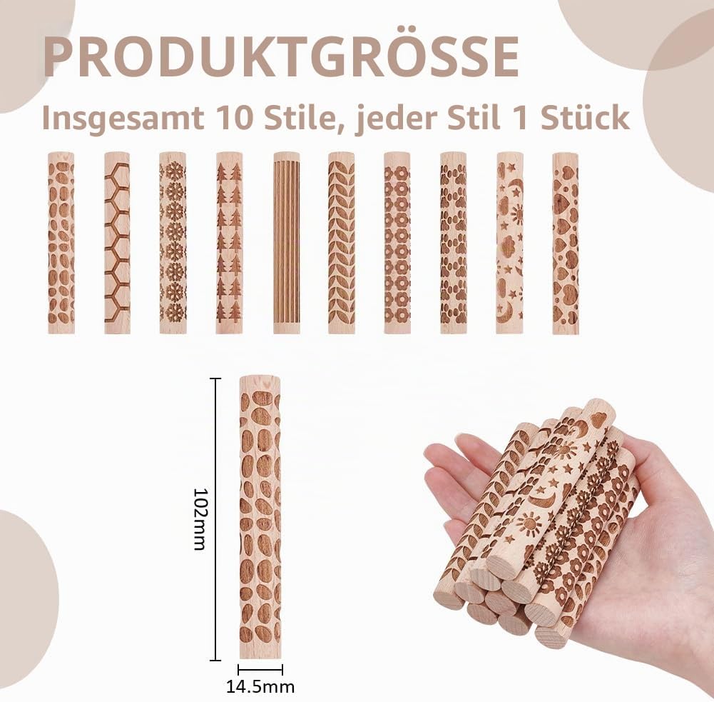 UNICRAFTALE 10 Stück 10 Stile Holz Texturwalzen Set Für Töpferkeramik Stempelroller Werkzeuge 10,2 c