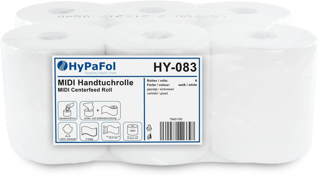 Hypafol Handtuchrolle aus Zellstoff | 2-lagig, 6 Rollen, hochweiss,20 x 23,5 cm, Ø19 cm |mit bequeme