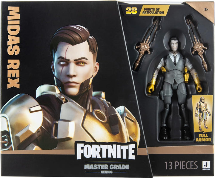 FORTNITE FNT1068 Midas (Master Grade) – 10,2 cm Gelenkfigur mit Rüstung, Rückenbling und Erntewerkze