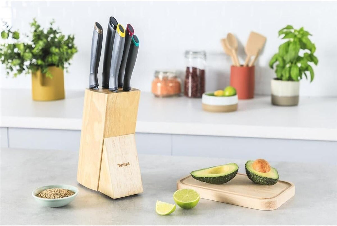 Tefal Fresh Kitchen Holzblock mit 5 Messern (Schäler 9 cm, Utility 12 cm, Chef 15 cm, Schneide 20 cm
