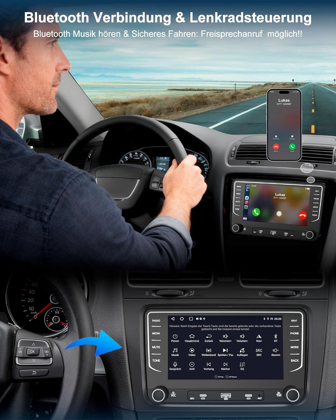 Autoradio mit Bildschirm Bluetooth 2+64GB für VW Golf 5 6 Polo T5 Passat Touran Seat Skoda, 2Din Aut