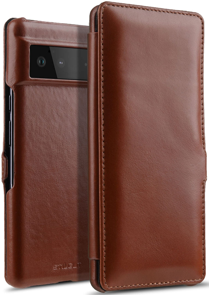 STILGUT Book Case kompatibel mit Google Pixel 6 Hülle aus Leder mit Clip-Verschluss, Lederhülle, Kla