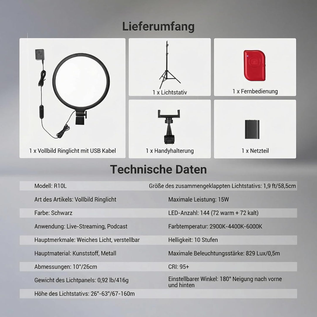 NEEWER BASICS 10" Ringlicht mit 63" Stativ/Handyhalterung/Fernbedienung kompatibel mit iPhone, 15W,