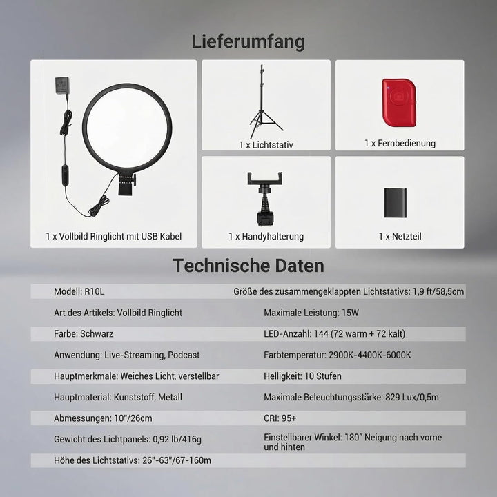 NEEWER BASICS 10" Ringlicht mit 63" Stativ/Handyhalterung/Fernbedienung kompatibel mit iPhone, 15W,