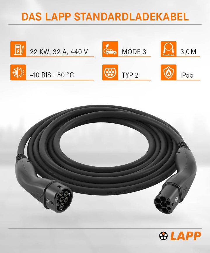 Lapp Mobility Typ 2 Ladekabel 22 KW / Glatt / 32 A / 3-Phasig / E-Auto Ladekabel / Mode 3 / 3m 3 Met