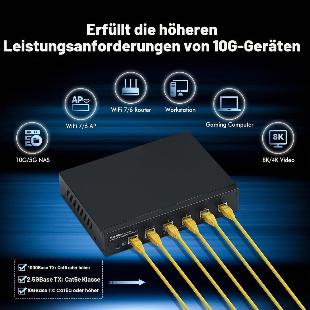 MokerLink 5-Port-10G-Managed-Ethernet-Switch, 10G/5G/2,5G/1G autoadaptiv, L3 Web/CLI-verwaltet, Meta