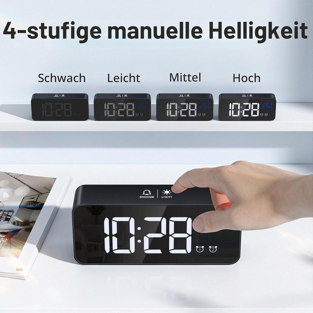 Wecker Digital, LED Digitaluhr mit Temperaturanzeige Tragbarer Spiegelalarm Tischuhr mit 2 Alarmen 1
