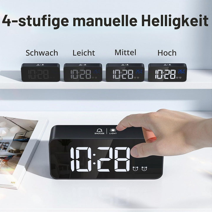 Wecker Digital, LED Digitaluhr mit Temperaturanzeige Tragbarer Spiegelalarm Tischuhr mit 2 Alarmen 1