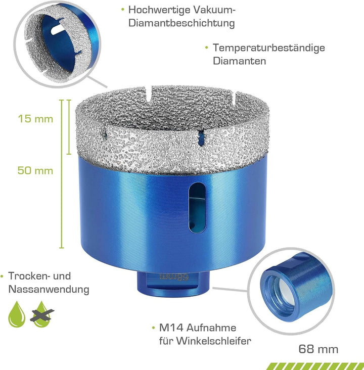 Profi Fliesenbohrer 68mm x M14 - Diamantbohrer für harte Fliesen, Feinsteinzeug uvm. Diamantbohrkron