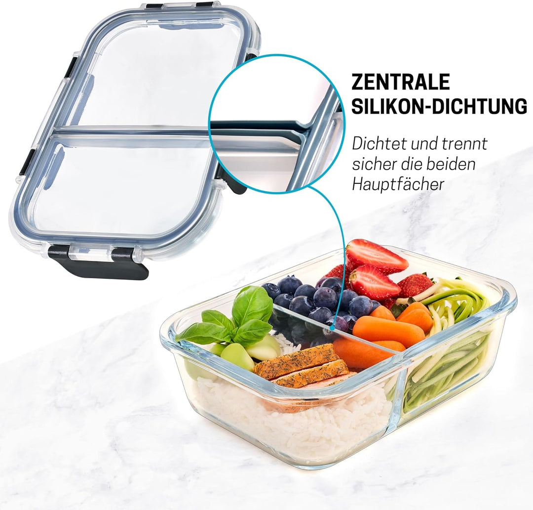 2-Fach Meal Prep Container aus Glas mit Transparentem deckel – Luftdicht Verschliessbare Frischhalte