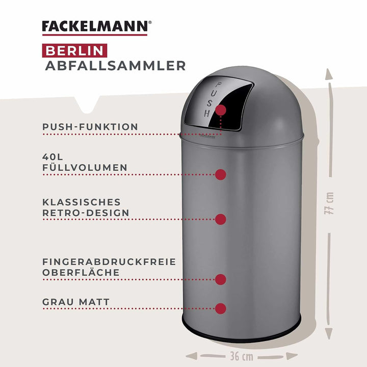 FACKELMANN BERLIN Push Abfallsammler 40L in Dunkelgrau – Klassisches Retro-Design, Grosses Fassungsv