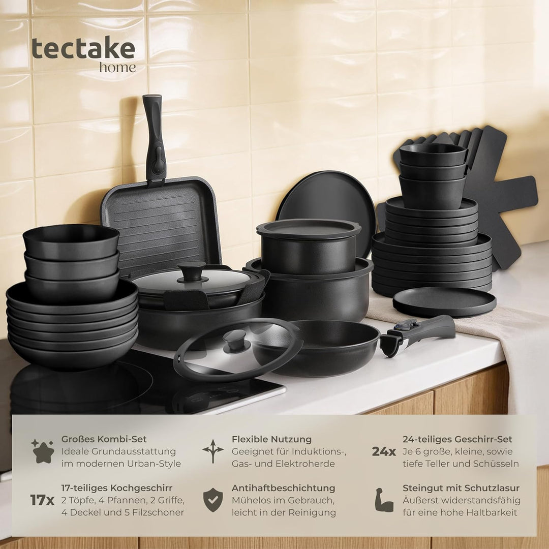 tectake® 41-tlg. Küchenstarterset, Steingut Geschirrset 6 Personen, Teller Set, 2x Kochtopf, 4x Brat