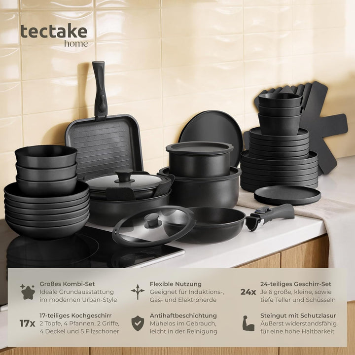 tectake® 41-tlg. Küchenstarterset, Steingut Geschirrset 6 Personen, Teller Set, 2x Kochtopf, 4x Brat