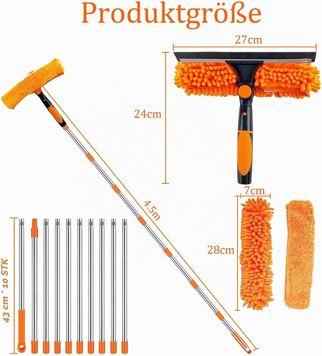 4,5 m Teleskop Fensterreiniger: Fensterwischer 270° drehbarer Kopf (Orange - 2-in-1), Orange - 2-in-