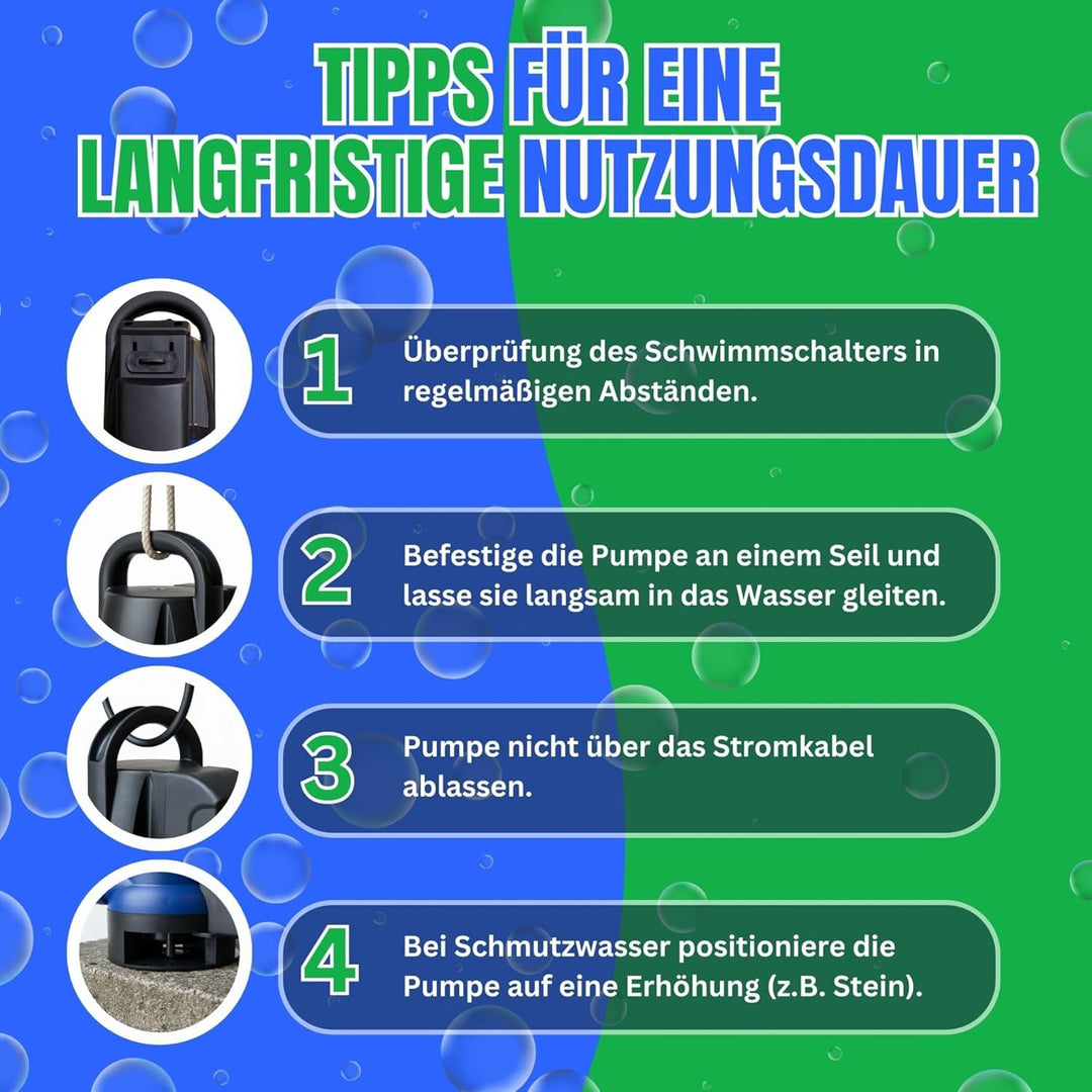 Schmutzwasserpumpe 555 Watt, Tauchpumpe 10.000 L/h 0,7 Bar Druck >>7m Förderhöhe