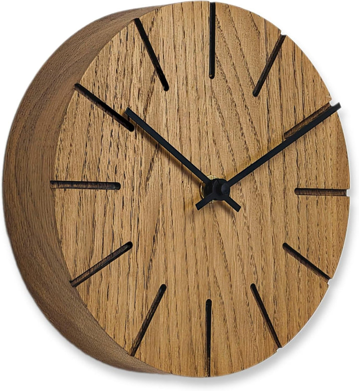 Natuhr Wanduhr Tischuhr Eiche Holz - Boom - geräuscharm Massivholz Design ø17 cm (Eiche dunkel geölt