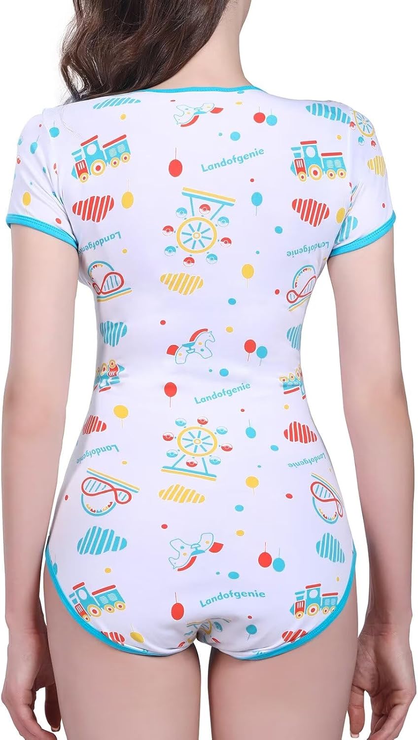 Landofgenie Damen Bodysuit Baumwolle Onesie Nette Print Pyjamas Nachtwäsche Blau Vergnügungspark Bla