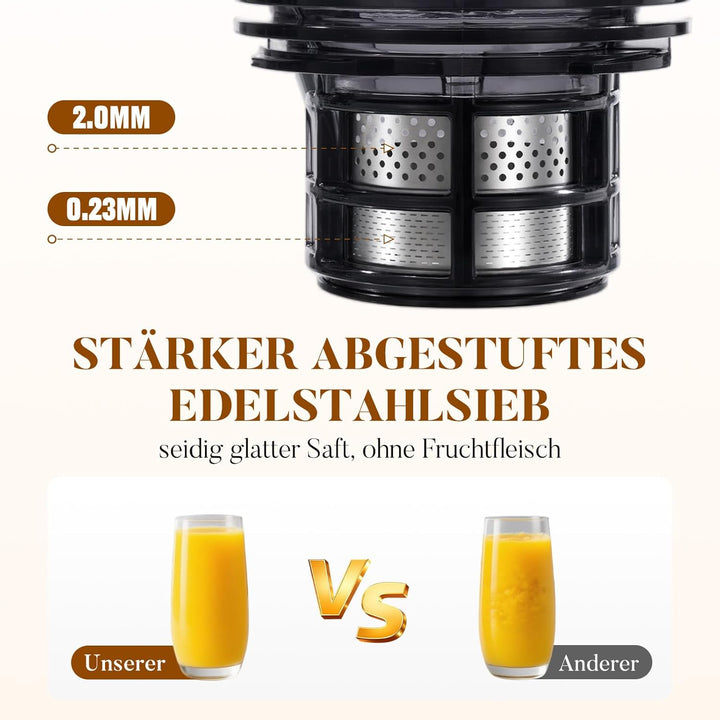 Entsafter Slow Juicer, 1,6 L Hopper, 130 mm Einfüllöffnung, Vor-/Rücklauf, inkl. Reinigungsbürste Gr