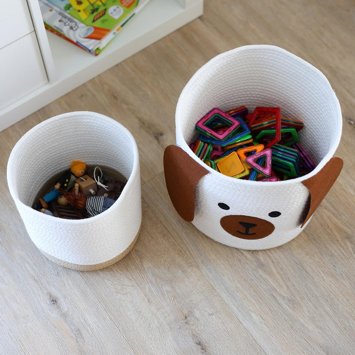 HMF Aufbewahrungskorb mit versteckten Griffen, 3er Set, Korb für Kinderzimmer aus Baumwolle | Hund |