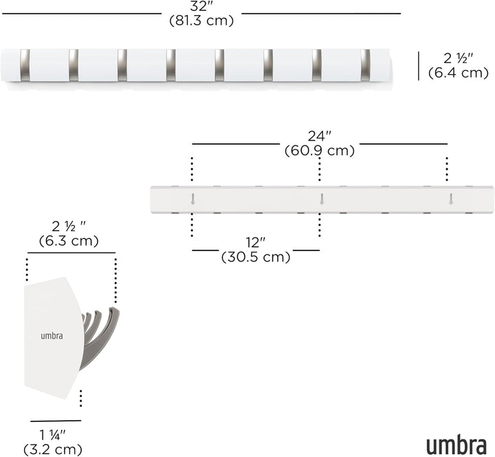 Umbra Flip 8 Garderobenhaken – Moderne, Schlichte und Platzsparende Garderobenleiste mit 8 Beweglich