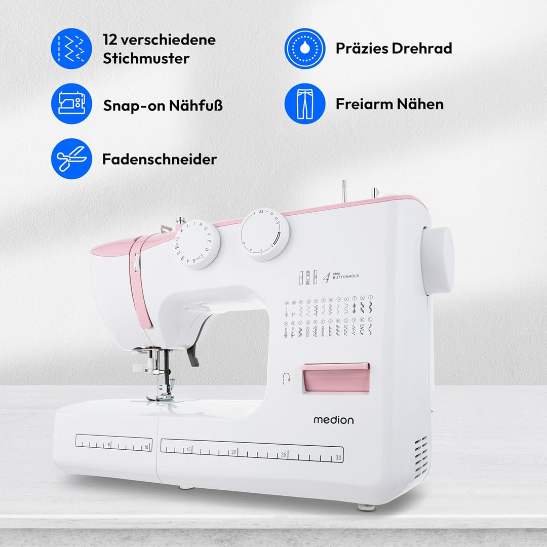 MEDION Freiarm-Nähmaschine SM60 (60 Watt, 60 verschiedene Stichmuster mit Knopflöchern, LED Nählicht