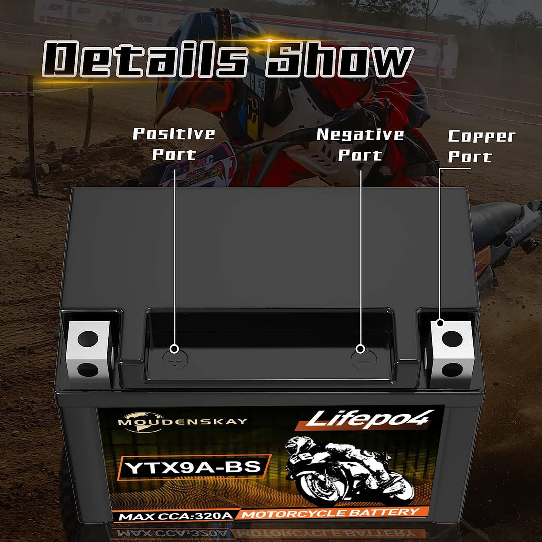 Lithium MotorradBatterie 12V Lithium Powersports Batterie mit BMS(YTX9A-BS 12.8V 4Ah 320CCA) LiFePO4