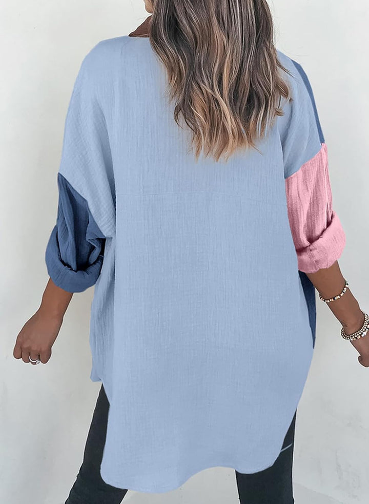 Dokotoo Bluse Damen Musselin Langarmshirt Baumwolle Lässig Oberteile Hemd Langarm Einfarbig Tops Far