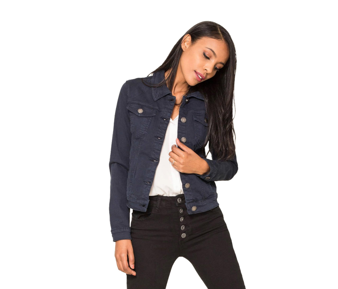 Nina Carter J212 Damen Slim-Fit Jeansjacke – Farbige Übergangsjacke mit Kent-Kragen und Taschen – Fr