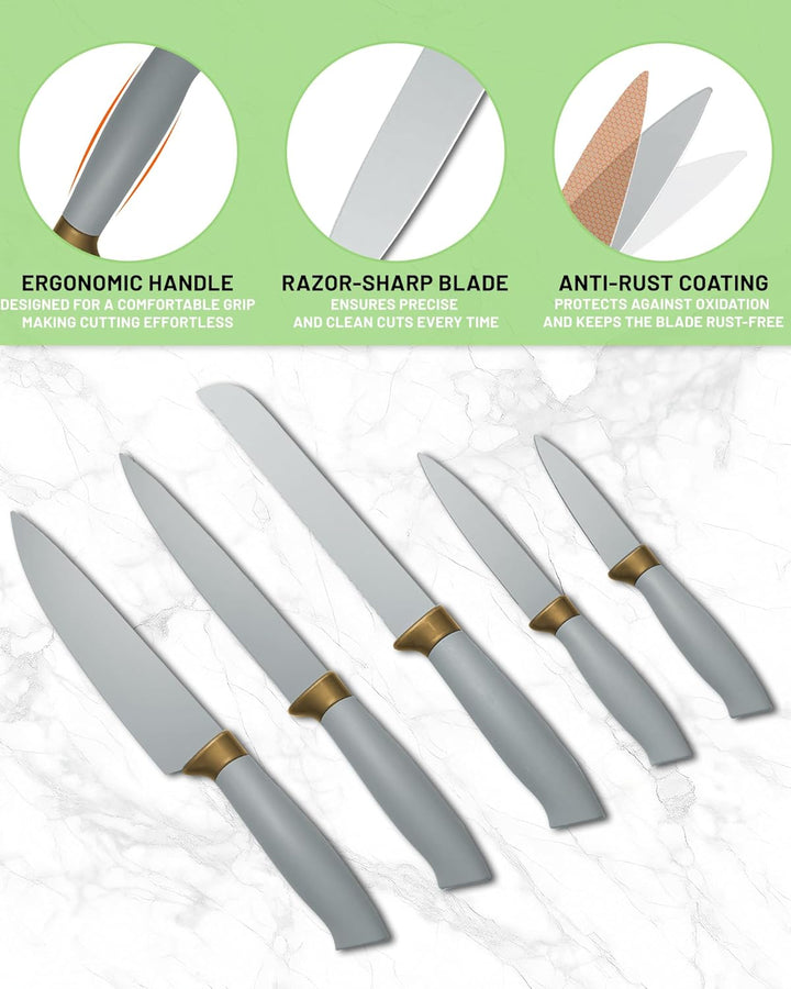 Küchenmesser Set 19-teilig – Küchenutensilien Set mit 5 Messer und 12 Silikon Küchenutensilien, Schn