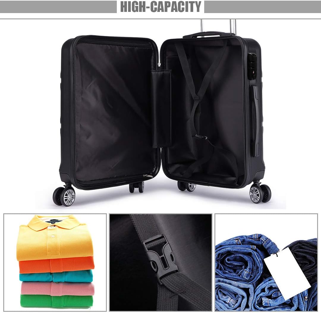 Kono ABS Kabinenkoffer, Hartschale, leicht, 55 cm, Handgepäck mit TSA-Schloss 38 l Schwarz, Schwarz