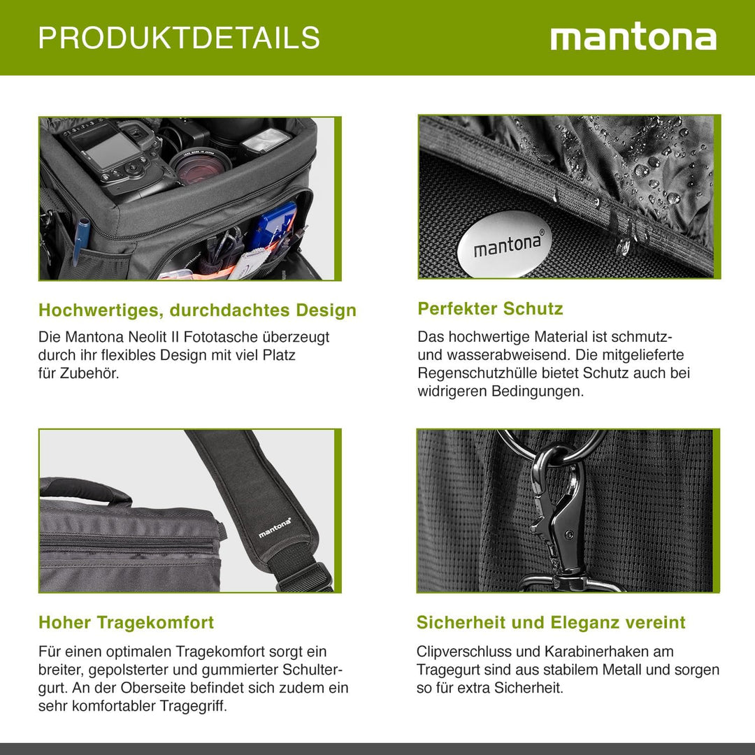 Mantona 270033 Neolit II SLR-Kameratasche (mit Regenschutzhülle, Metallschnallen und viel Zubehör) s