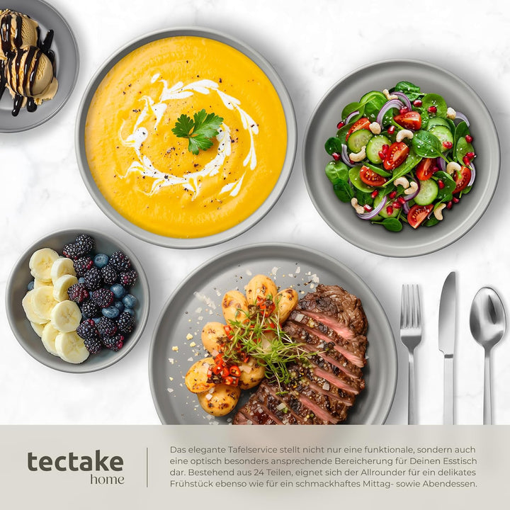 tectake® Küchenstarterset 6 Personen, Steingut Geschirr Set, Teller, 3 Pfannen, 2 Töpfe, rostfreies
