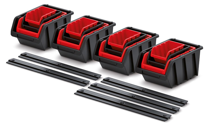 BirnePower Sichtlagerkästen Set KST16, 16er Set Stapelboxen TRUCK mit 5 Wandleisten, Modulares Wandr
