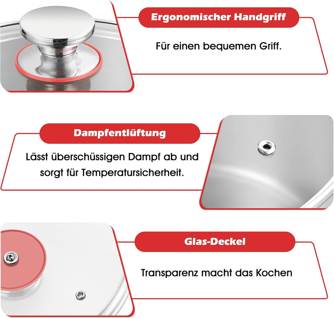 Kochtopf, Herogo Edelstahl Kochtopf Induktion mit Glasdeckel, Ø 22 cm / 5 L Suppentopf Fleischtopf N