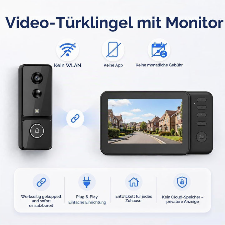 Video Türklingel mit Monitor 4,3 Zoll, Kabellose Türklingel mit Kamera, Ohne WLAN &amp; ABO, PIR Bewegun