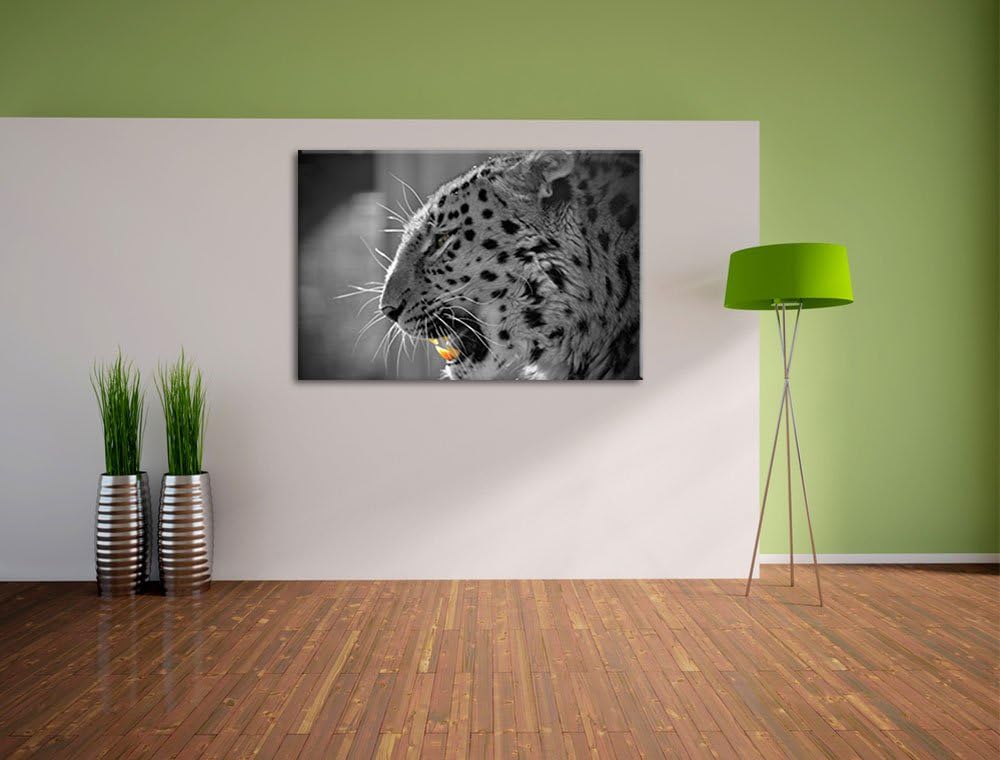 brüllender Leopard schwarz/weiss auf Leinwand, XXL riesige Bilder fertig gerahmt mit Keilrahmen, Kun