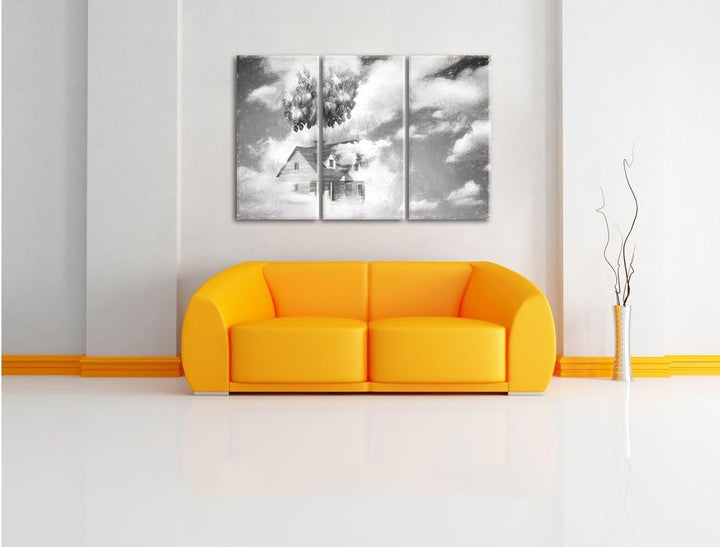 Pixxprint fliegendes Haus mit Luftballons als Leinwandbild/Grösse: 3 Teilig (120x80 cm) cm/Wandbild/