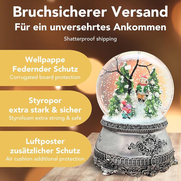 Schneekugel Skifahrer mit Musik | Schifahrer im Winterwald | Sockel Zinnoptik | 100mm breit, 140mm h
