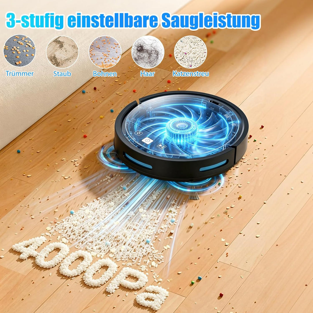 Saugroboter mit Wischfunktion 2 in 1, 4000PA Starkes Saugen Staubsauger Roboter, Anti-Tangle, Automa