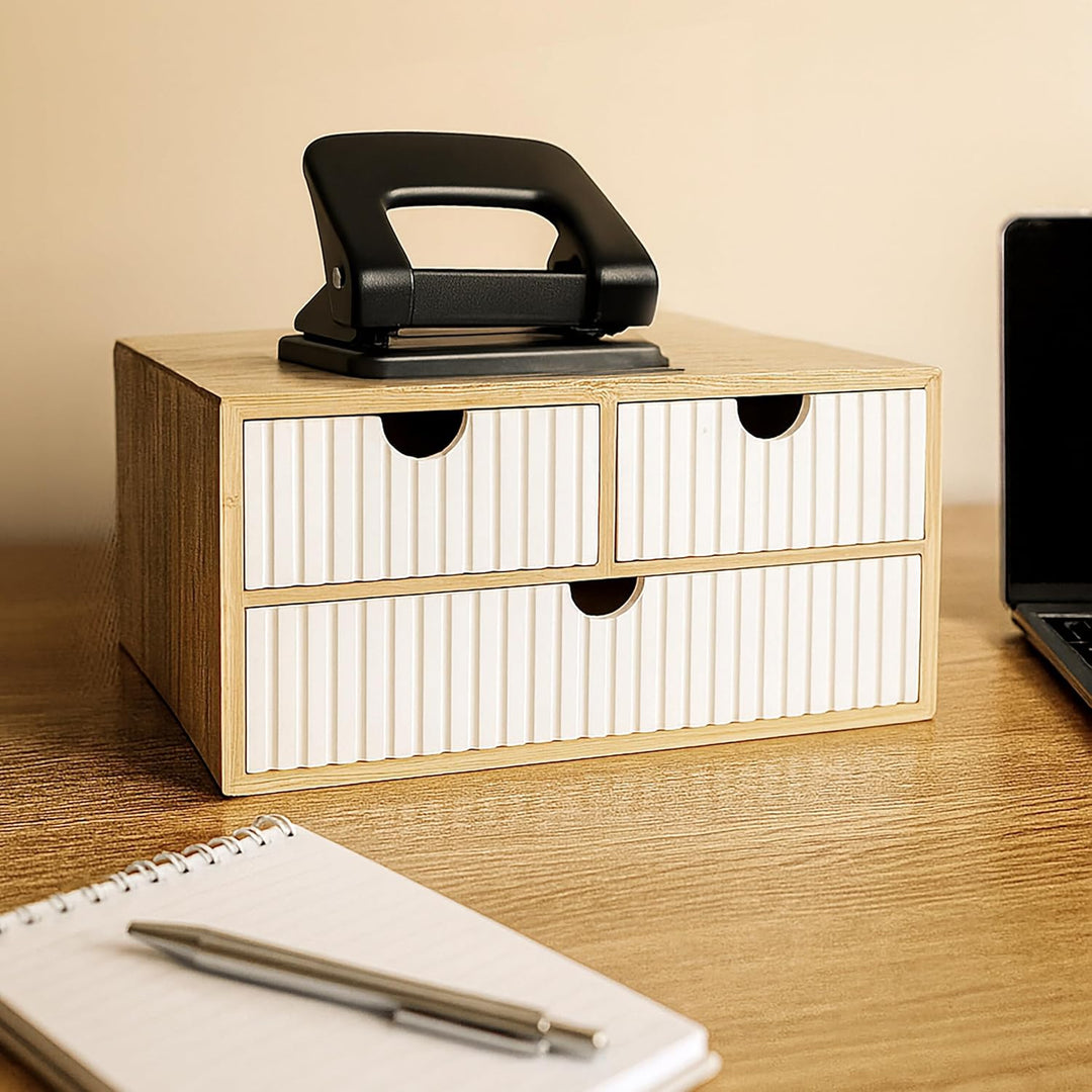 Relaxdays Schubladenbox, Bambus & MDF, 3 geriffelte Schubladen, HBT: 15 x 30 x 20 cm, Schreibtisch O