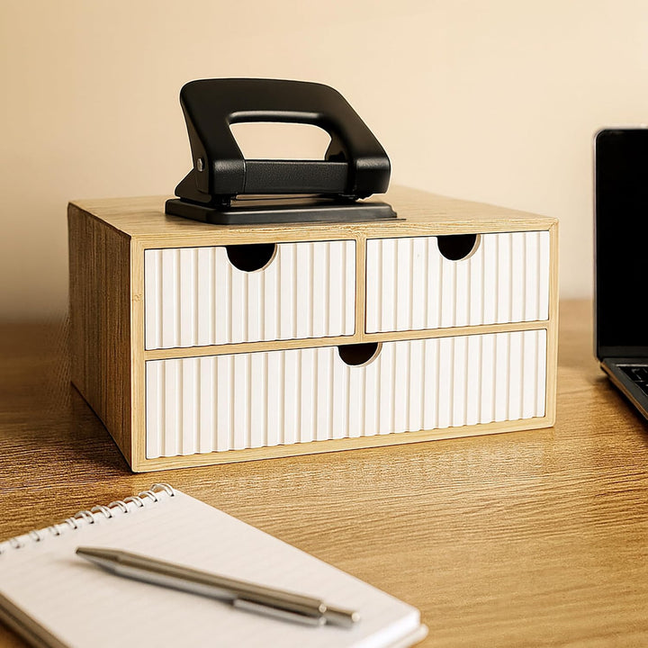 Relaxdays Schubladenbox, Bambus & MDF, 3 geriffelte Schubladen, HBT: 15 x 30 x 20 cm, Schreibtisch O