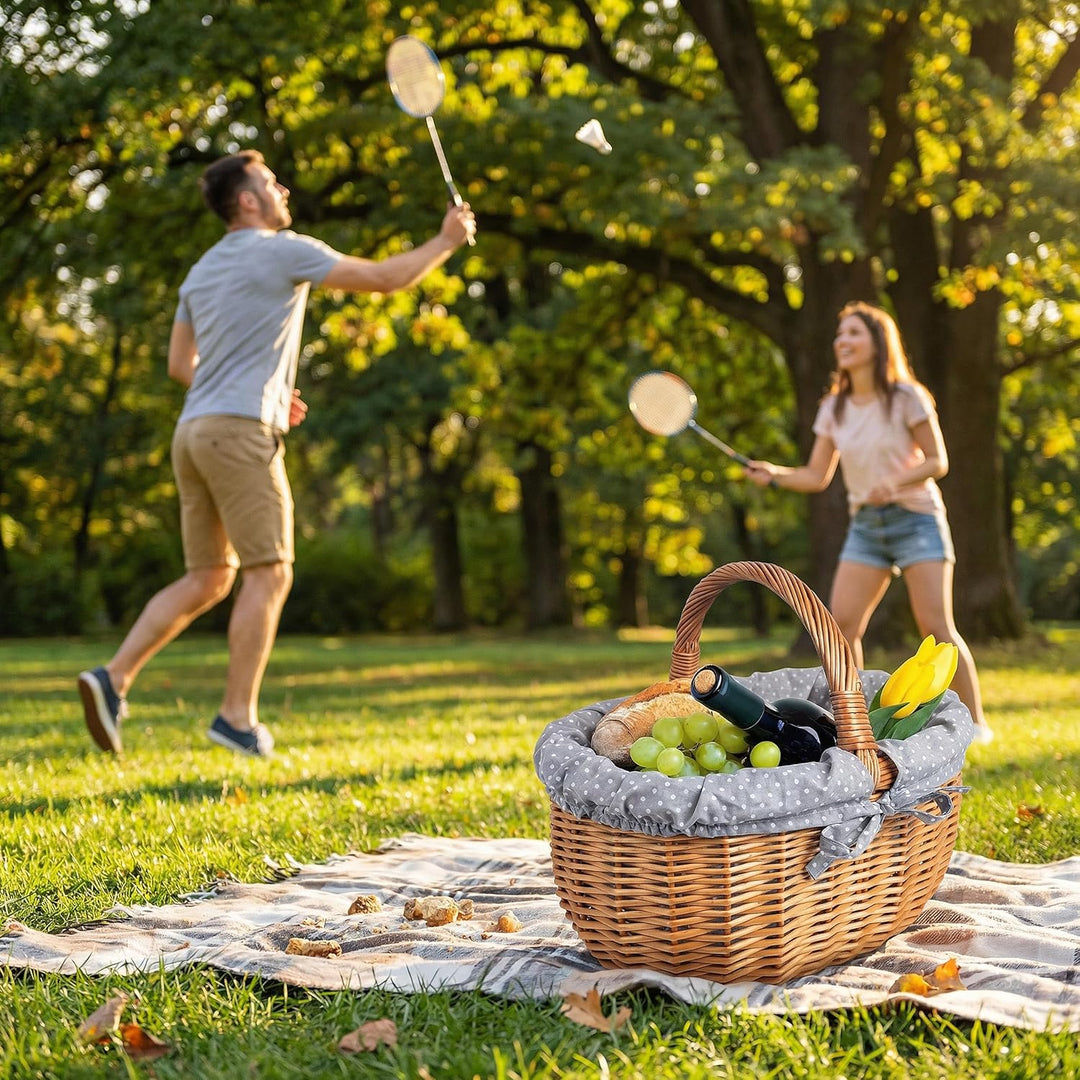 Creative Home Grosser Picknickkorb mit Stoffeinlage Grau mit Pünktchen Weidenkorb mit Henkel | Einka